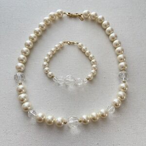 Vintage Marvella Faux Pearl Faceted Lucite Bead Necklace & Bracelet Set